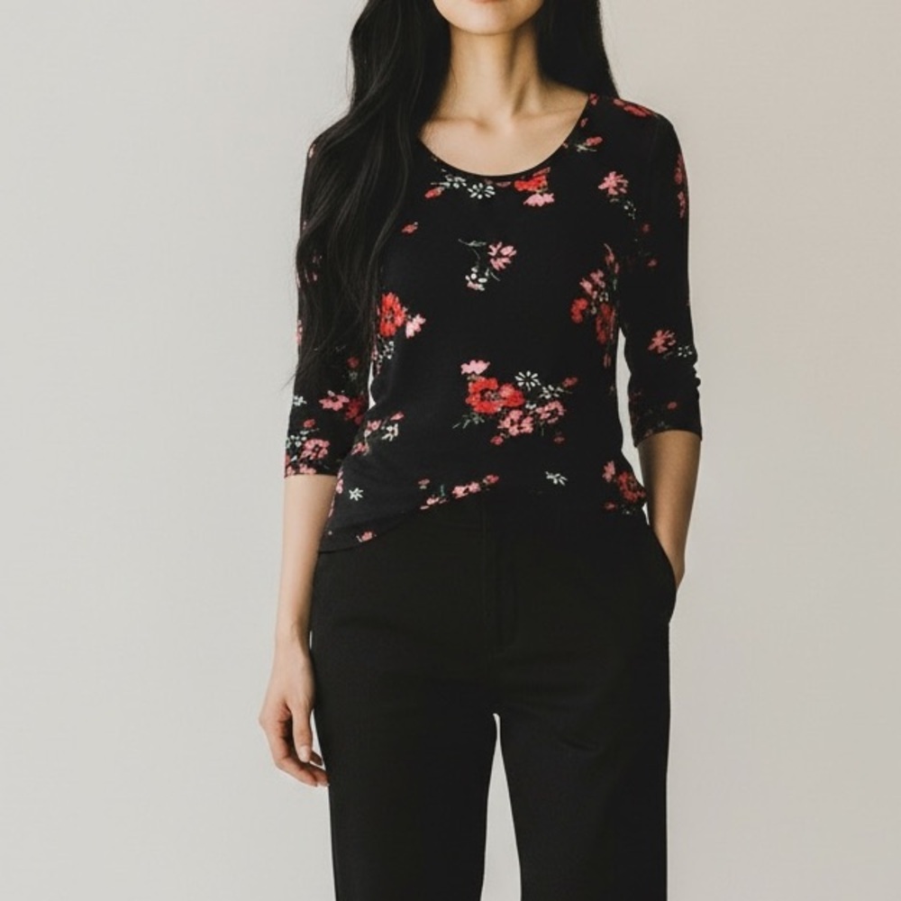 Rebecca Taylor‎ Women’s Black Floral Marguerite Jersey Tee Small NWT